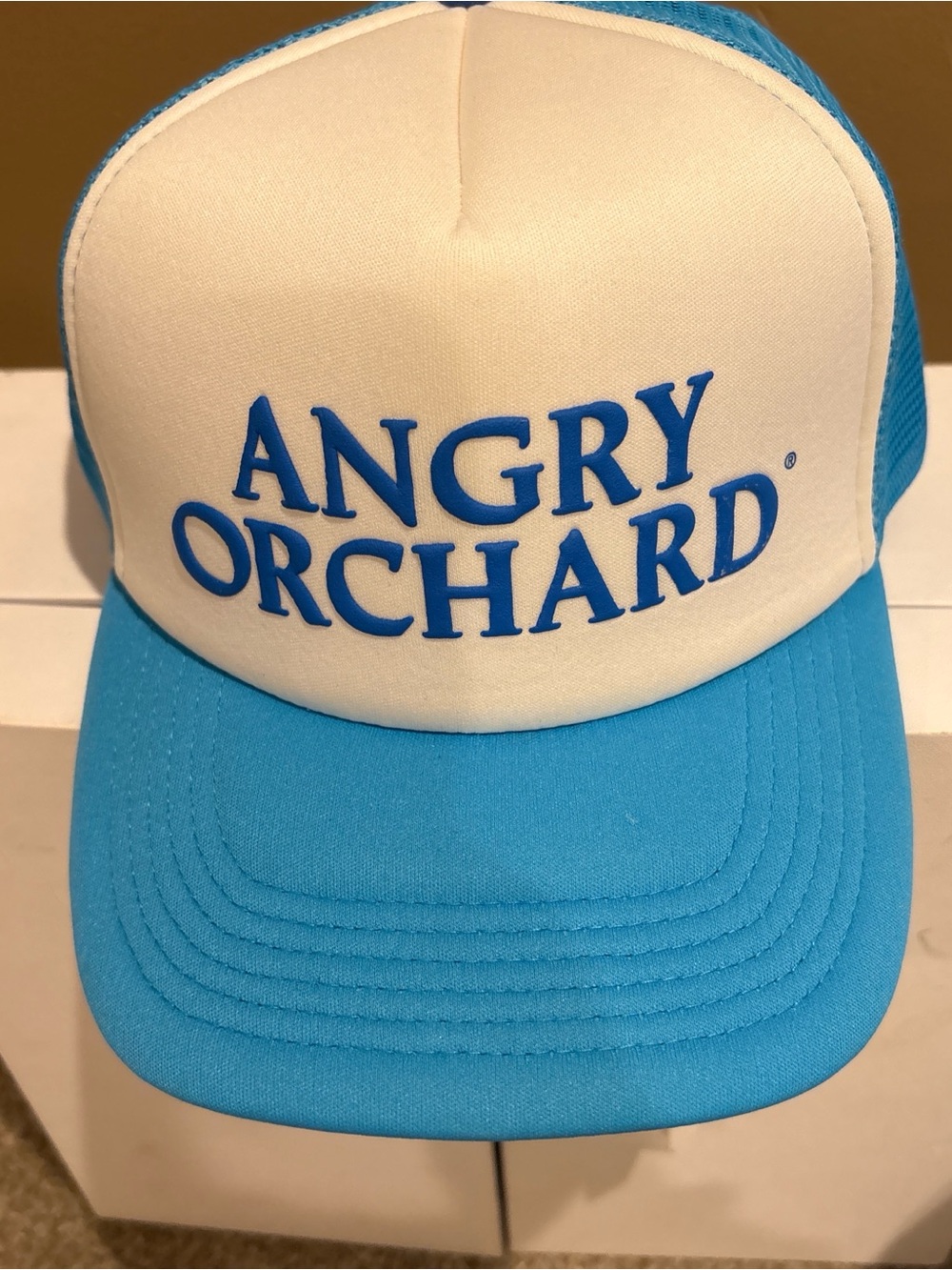 Angry Orchard Logo Trucker Hat - White & Bright Blue
